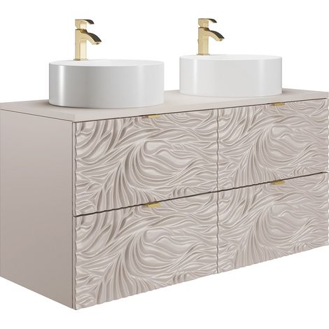 Meuble de salle de bain suspendu texturé avec double vasque à poser ronde - Beige - 120 cm - RINAREL (1/4)