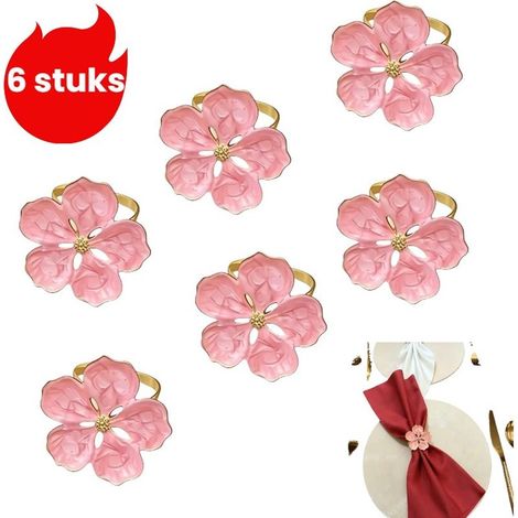 Set of 6 floral pattern napkin rings for wedding, party and meal table decorations, pink (1/5)