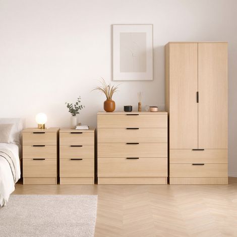 Trega 4pc Bedroom Furniture Set – 2x 3 Drawer Bedside, 4 Drawer Chest & 2 Door Wardrobe, Pine