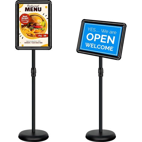 Porte Affiche A4 sur Pied - Présentoir A4 Pied, réglable, Cadre clipsable, coins arrondis, support d'information pour affichage menu, panneau publicitaire, restaurant, magasin, porte-menu,Noir (1/5)
