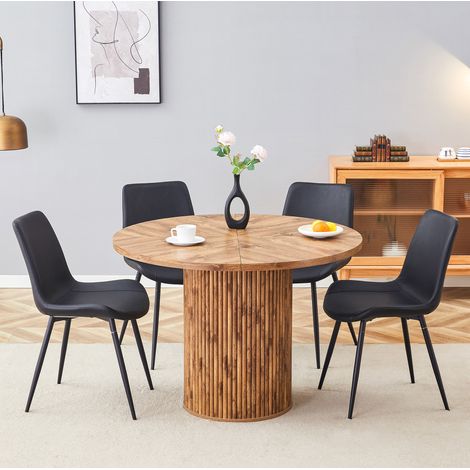 Modernes Esszimmer-Set: runder Tisch 100 cm in MDF Holzoptik und 4 schwarze PU-Stühle (1/5)