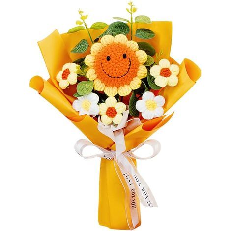 Bouquet de fleurs au crochet, fleurs crochetées à la main, tournesol souriant tricoté, bouquet de fleurs tricotées, fleurs artificielles pour la fête des mères, un anniversaire, la Saint-Valentin, un (1/5)