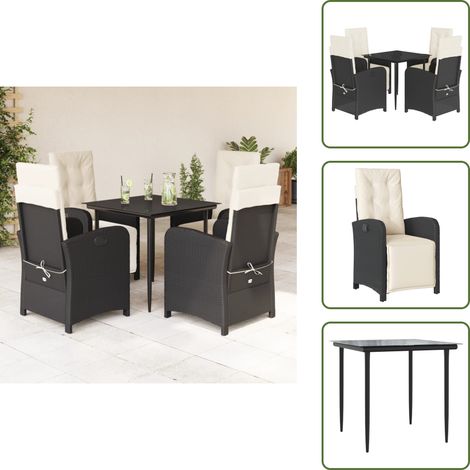 Rattanstuhl - vidaXL 5-tlg. Garten-Essgruppe mit Kissen Schwarz Poly Rattan - Gartenmöbel Schwarz (1/5)