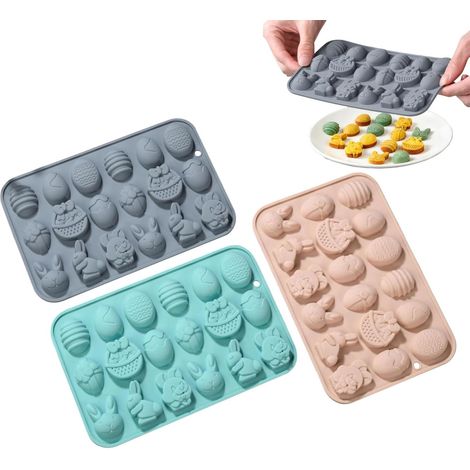 Lot de 3 moules en silicone colorés pour Pâques - Formes antiadhésives de lapin, d'œuf et de panier pour la décoration en chocolat, fondant, bonbons et pâte à modeler, fournitures de pâtisserie réutil (1/5)