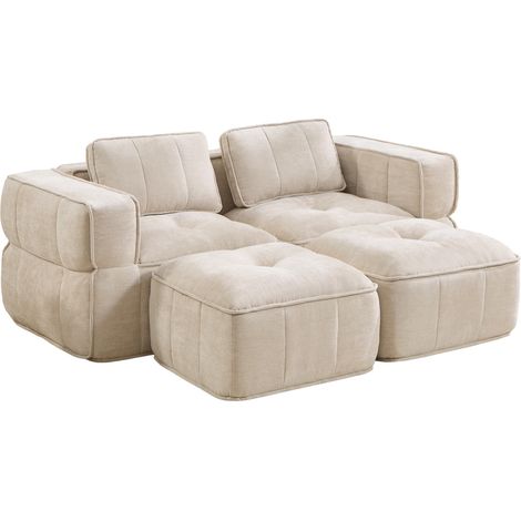 Divano modulare a 2 posti con due pouf, tessuto in poliestere beige, schiuma ad alta densità 32D (1/5)