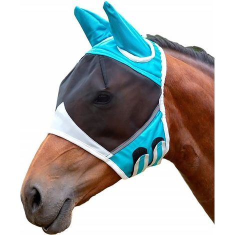 Masque anti-mouches en maille fine avec oreilles - Respirant - Anti-moustiques - Pour cheval - Bleu et blanc - Taille L-1PCS (1/5)
