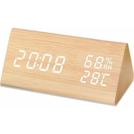 Digitaler Wecker, Holzgehäuse, elektronische LED-Anzeige von Uhrzeit und Datum, Temperatur- und Feuchtigkeitserkennung, 3 Alarme, 3 Helligkeitsstufen, ideal für Zuhause, Schlafzimmer, Büro und Reisen.
