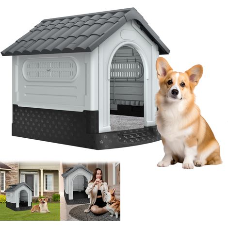 Niche pour chien Extérieur Intérieur Niche pour chien Plastique 79.5x70.5x78cm Niche pour animal domestique avec lucarne & plancher surélevé Robuste, étanche, résistante aux UV, ventilée pour chiens d (1/5)