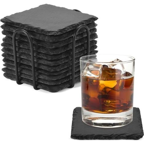 12Pcs Dessous de Verre, sous Verre en Ardoise avec Support, Dessous de Verre Noirs Antidérapants pour Cuisine, décoration de maison (1/4)
