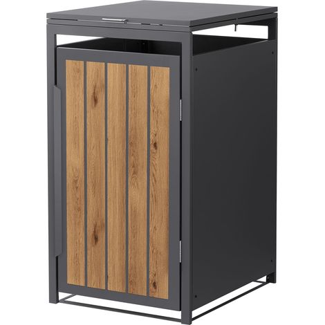 ML-Design Copribidone da Spazzatura per 1 Bidone 240L 68x80x120 cm in Acciaio Antracite Effetto Rovere Chiaro con Porta e Tetto a Ribalta, Resistente alle Intemperie, Deposito per Bidoni di Rifiuti
