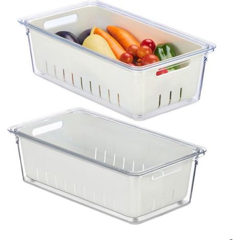 Organiseur De Frigo - Lot De 2 - Avec Couvercle Et Corbeille Amovible - Pour Légumes Et Fruits - Dimensions 10x32x17 5 Cm - PP PET - Transparent Et Blanc (1/5)