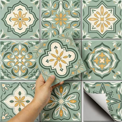 36 pièces 10x10cm Autocollants Carrelage Mural Céramique Vert et Jaune Autocollants de Carreaux Muraux Étanche Imperméables Décoratif Autocollant pour Cuisine Salle de Bains Mur Table Bureau (1/5)