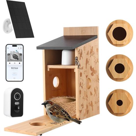 Nistkasten mit 5MP Kamera, Solar, Bambus, 2.4G WiFi, Nachtsicht, KI-Erkennung