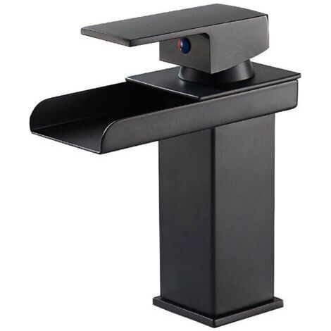 Robinet Salle de Bain Cascade Noir, Mitigeur Salle de Bain en Laiton, Mitigeur pour Vasque à Poser, Robinetterie Eau Chaude et Froide (1/5)