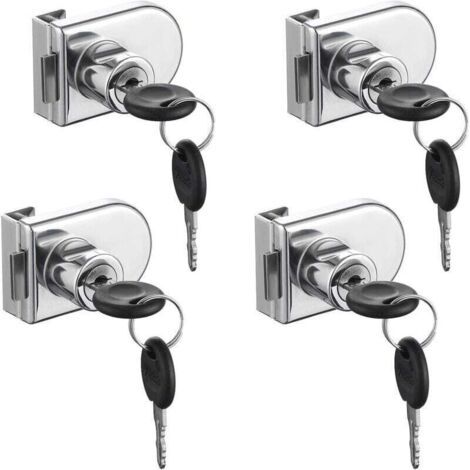 Serrure de Porte en Verre, 4 pièces Serrures à Came, Verrouillage de Sécurité de la Vitrine de l'armoire de Porte en Verre pour Porte en Verre de 5-8 mm Sans Perçage ( avec 8 clés)