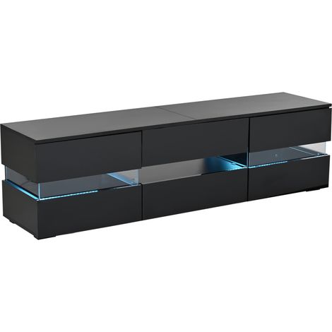 Armoire de télévision en acier poli moderne, dimensions : 160x39x45 cm. Equipée d’un éclairage LED. Elle comporte 2 portes, 1 compartiment, et un espace ouvert pour ranger des objets. (1/5)