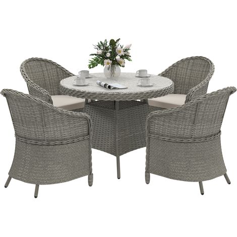 Outsunny 4 Seater Rattan Garden Furniture Set with Cushions, Round PE Rattan Dining Set with Glass-Top Table, Umbrella Hole, Outdoor Garden Table and Chairs, Grey