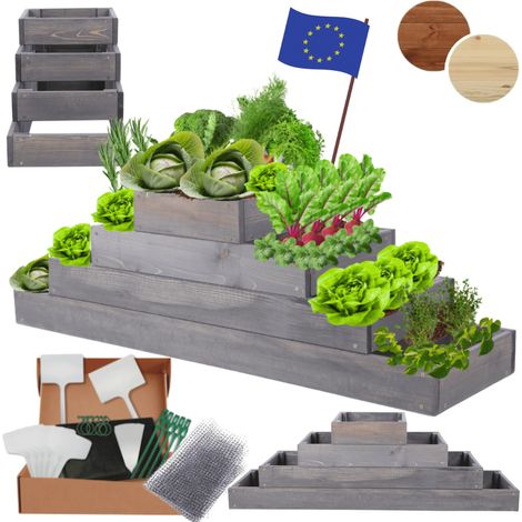 MODO24 ZP09 Carré potager surélevé en escalier modulable, bois de pin, herbes/légumes, jardin/terrasse/balcon, 36x117x30 cm, gris