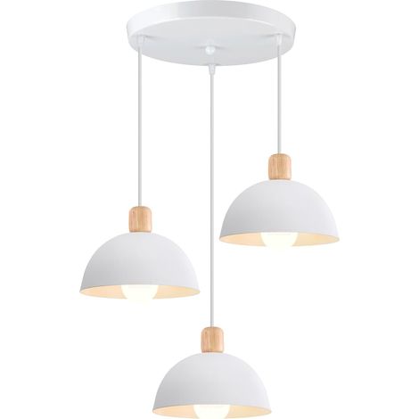 3 Lampes Suspension Luminaire Moderne 20cm Lustre Suspension Rétro Style Scandinave Plafonnier Abat-jour en Bois Métal E27 Éclairage de Plafond pour Chambre Salle à Manger Cuisine (Rond, Blanc) (1/5)
