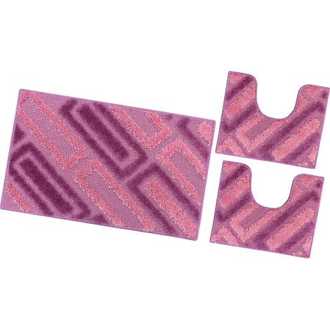 Tappeto Bagno Moderno Parure Set 3 Pezzi Soffice Shaggy Assorbente Antiscivolo Lavabile - Rosa