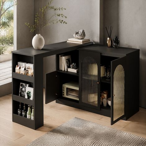 Um 360° drehbarer Bartisch (Hauptkörper 120 x 40 x 97 cm), moderner und einfacher schwarzer rotierender Ess- und Barschrank, multifunktionaler Aufbewahrungsschrank mit Glastür (1/5)