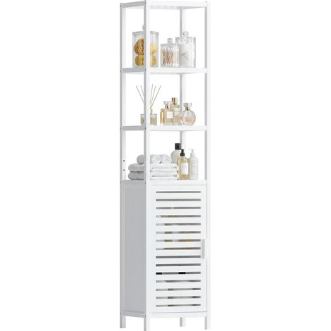 Meuble Colonne Salle de Bain, Armoire Bambou Salle de Bain Haute avec Étagères Amovible et Compartiments Ouverts, pour Les Petits Espaces, Blanc (1/5)