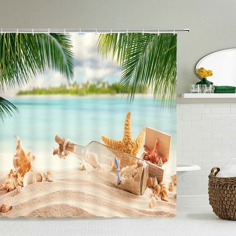 Rideau de douche 3D motif plage, rideau de salle de bain mer Méditerranée, tissu imperméable, dimensions : 180 cm x 240 cm.