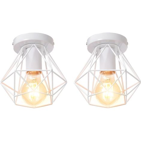 Lot de 2 Plafonnier Industriel Cage Métal Forme Diamant Lustre Suspension Luminaire Salon Couloir Blanc (1/5)