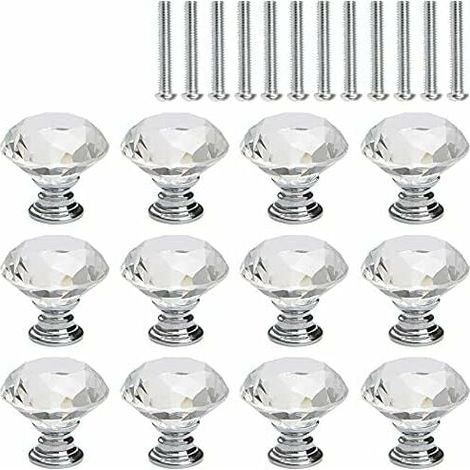 12 Pcs Crystal Cabinet Knobs, Drawer Cabinet Cupboard Door Knob Handle, Transparent Crystal Glass Diamond, Silver Base (1/5)