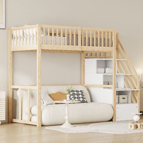 Hochbett 90x200 mit Treppe und Stauraum, Kinderhochbett aus Massivholz Kiefer, platzsparendes Jugendbett für Kinderzimmer, Weiß/Natur (1/5)