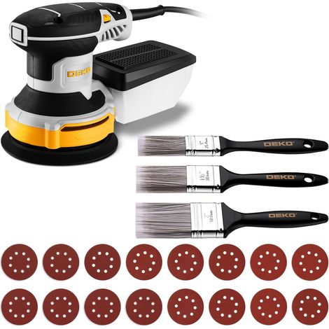 Ponceuse Excentrique 300W - Ponceuse Electrique 125mm, 6 Vitesses, 14000RPM, Papier Abrasif 16 Pièces, Collecteur de Poussière, Trois Pinceau Plats, pour Surfaces en Bois et Acier, Jaune-gris (1/5)