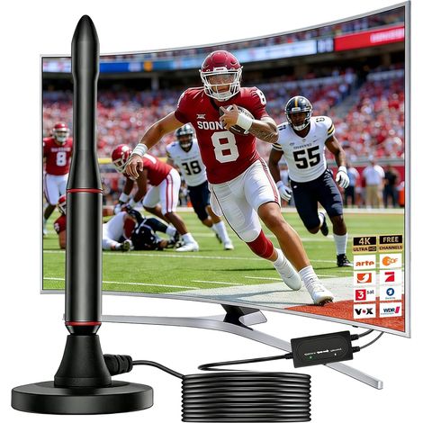 Antenne DVBT/DVBT2 - Antenne d'intérieur pour téléviseur avec amplificateur, antenne TV HD avec base magnétique - Câble d'extension de 5 m - Réception 360° - 4K/1080P - Canaux numériques HD pour DTMB (1/5)