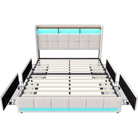 Letto capitonnato 140x200 cm con 4 cassetti - rete a doghe in legno massello, illuminazione LED, testata con porta USB/Type-C, spazi di stoccaggio aperti, lino - Beige (1/4)