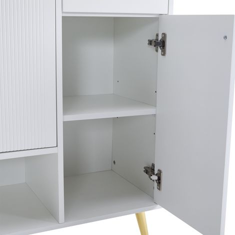 Armoire à chaussures, avec 2 tiroirs et 4 portes. Pieds en métal. Dimensions : L. 130 cm / Larguré : 37 cm / Hauteur : 100 cm. Couleur : blanc. (1/5)