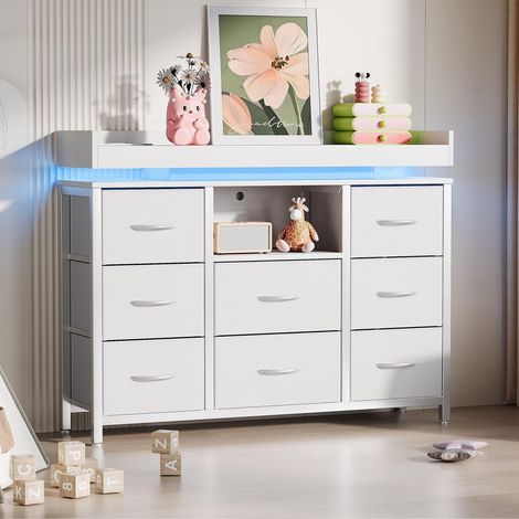 Stoffkommode mit 8 Schubladen, Metallrahmen, LED & USB, Weiß (1/5)