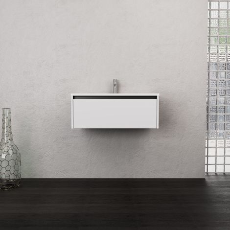 Inda - Badezimmerschrank 1 Schublade B.80 mit mattiertem Waschbecken / Mattweiß - Smeraldo