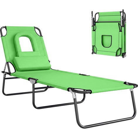 Chaise longue pliante avec ouverture pour le visage et coussins, en acier et tissu Oxford pour rangement extérieur d'outils, accessoires de jardin et matériel d'entretien, structure robuste et dura...