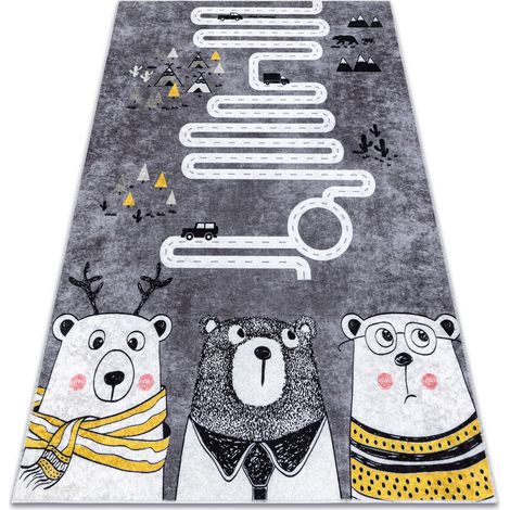 JUNIOR 52107.801 Bären, Tiere, Straßen für Kinder Anti-Rutsch - grau grey 80x150 cm