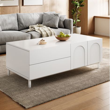 Couchtisch aus MDF und Spanplatte, 100 x 50 x 39,5 cm, Weiß, mit 2 Schubladen und 2 Türen (1/5)