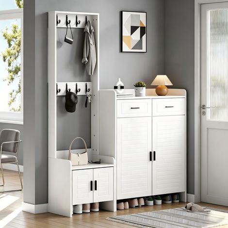 Ensemble d'entrée blanc 125 x 36 x 165 cm – 2 tiroirs, 2 portes, 6 étagères et 8 crochets – rangement complet pour couloir ou hall (1/5)