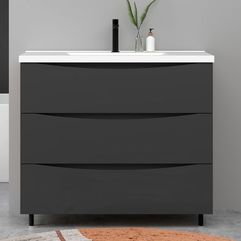 Meuble de salle de bain suspendu 100cm avec simple vasque + 3 tiroirs, Anthracite
