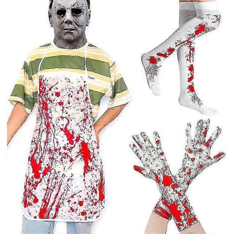 Ensemble 3 pièces pour Halloween : tablier, chaussettes et gants imprimés de sang et d'éclaboussures de sang. Accessoires de cuisine unisexes pour barbecue, pâtisserie et autres activités. (1/5)