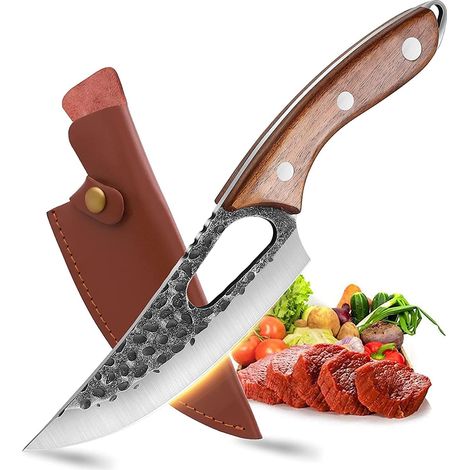 Couteau À Désosser - Lame En Acier À Haut Carbone Et Haut Manganèse - Full Tang - Etui En Cuir - Pour Cuisine Extérieure Camping Barbecue - 1 Pièce