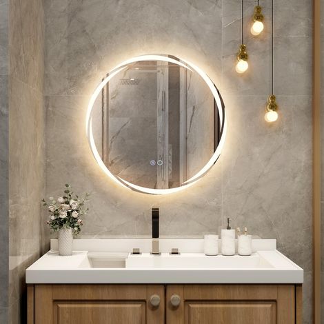 COSTWAY Specchio da Parete 60 x 60cm, Specchio da Bagno Rotondo con Luci Led a 3 Colori, Interruttore a Sfioramento Anti-Appannamento, Funzione di Memoria e Motivo a Onda, IP44 (1/5)