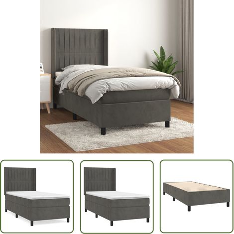 The Living Store Sommier à lattes de lit et matelas Gris foncé 90x190 cm Velours - Lit Double - Lit Capitonné - Lit Velours - Literie - Chambre À Coucher (1/5)