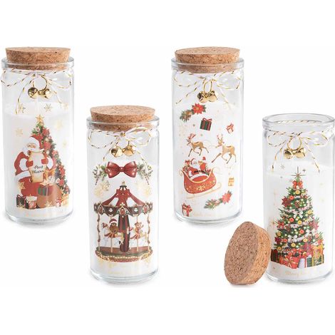 Candele profumate di Natale in barattolo vetro con coperchio in sughero, stampa vintage natalizia, set da 4 pezzi, Ø 6 cm x 14,5 H