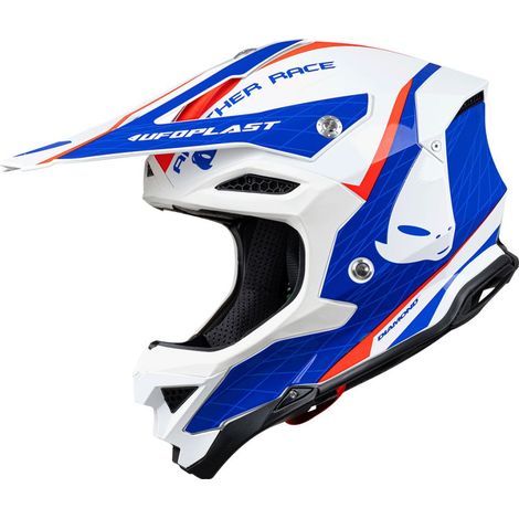 Casco de motocross UFO Diamond de fibra de carbono y vidrio, talla L, blanco/rojo/azul.