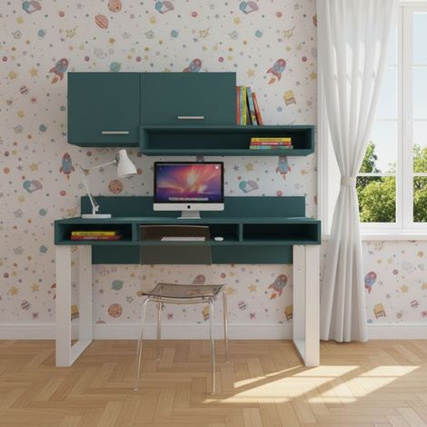 Scrivania con pensili design moderno e libreria sospesa - Angolo studio completo - Verde Petrolio