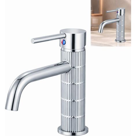 Robinet de lavabo en laiton massif, mitigeur pour salle de bain, finition brossée vintage, mélangeur pour lavabo sur plan de travail, cartouche céramique (chromé, standard) (1/5)