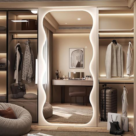 Hasipu Ganzkörperspiegel mit Lichtern 200 x 90cm, Wellförmiger LED Wandspiegel mit Touch-Schalter, 3 Lichtfarben Dimmbar für Schlafzimmer, Garderobe